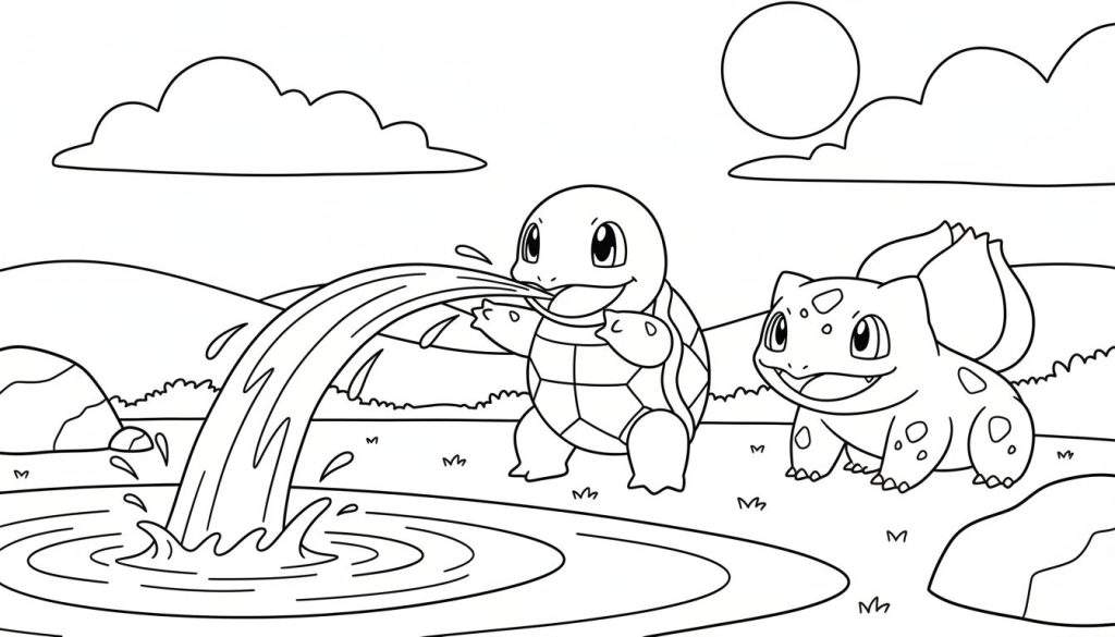 Zwart-wit kleurplaat met Squirtle die water spuit en Bulbasaur die toekijkt, in een natuurlijke omgeving met gras, heuvels, rotsen, struikjes, wolken en een zon.