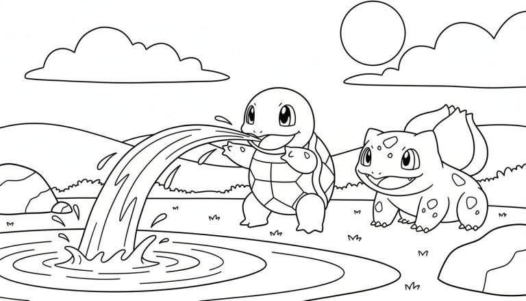 Zwart-wit kleurplaat met Squirtle die water spuit en Bulbasaur die toekijkt, in een natuurlijke omgeving met gras, heuvels, rotsen, struikjes, wolken en een zon.