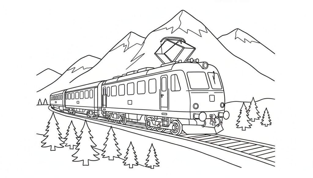 Zwart-wit lijntekening van een elektrische trein die een bocht maakt op rails, met puntige bergen en dennenbomen op de achtergrond.