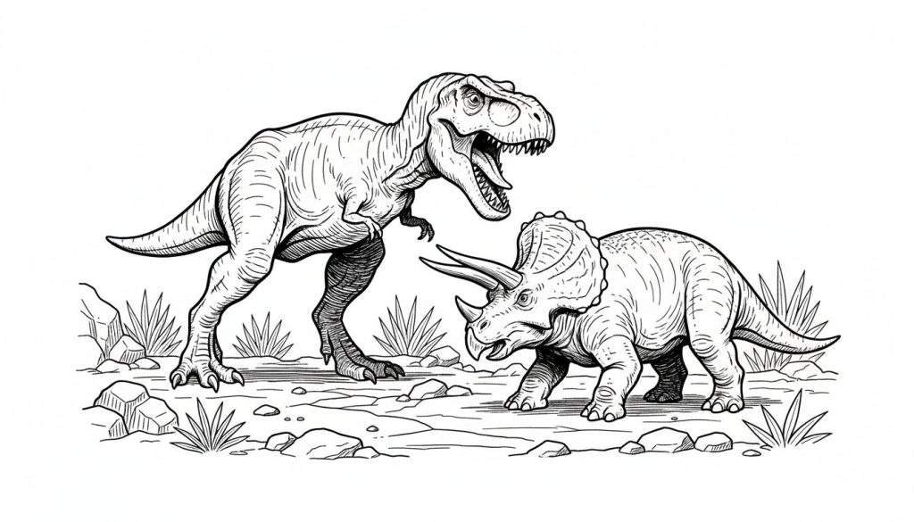 Zwart-wit lijntekening van een dreigende Tyrannosaurus Rex met geopende bek en een Triceratops met hoorns en nekfranje, staand tegenover elkaar op een rotsachtige ondergrond met vegetatie.