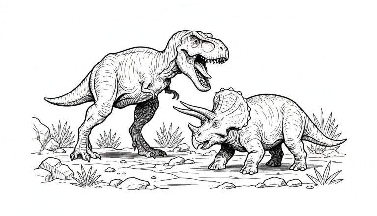 Zwart-wit lijntekening van een dreigende Tyrannosaurus Rex met geopende bek en een Triceratops met hoorns en nekfranje, staand tegenover elkaar op een rotsachtige ondergrond met vegetatie.