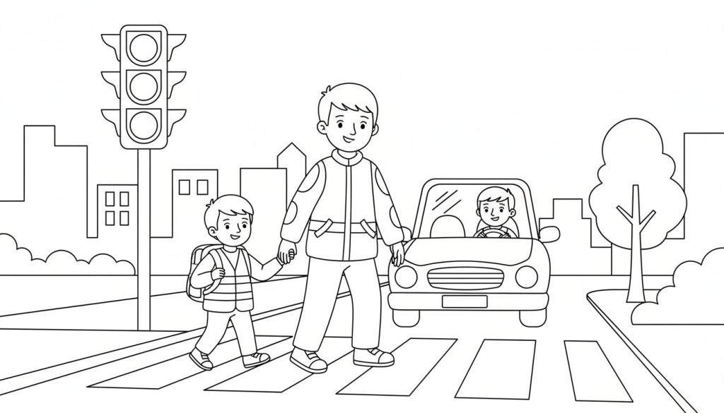 Kleurplaat van een straatbeeld met een man en jongetje die hand in hand over een zebrapad lopen. Een auto met een lachende jongen achter het stuur stopt. Een verkeerslicht en gebouwen zijn zichtbaar.