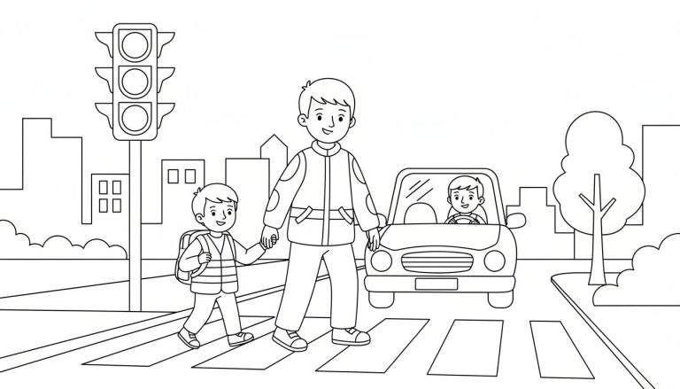 Kleurplaat van een straatbeeld met een man en jongetje die hand in hand over een zebrapad lopen. Een auto met een lachende jongen achter het stuur stopt. Een verkeerslicht en gebouwen zijn zichtbaar.