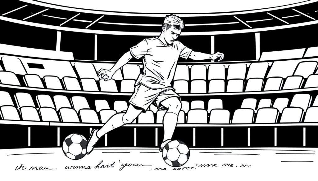 Zwart-witte illustratie van een jonge voetballer die met twee ballen tegelijk dribbelt in een groot, leeg voetbalstadion met witte stoelen.