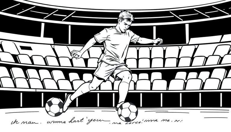 Zwart-witte illustratie van een jonge voetballer die met twee ballen tegelijk dribbelt in een groot, leeg voetbalstadion met witte stoelen.