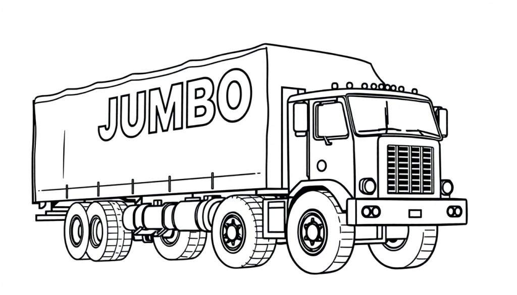 Kleurplaat van een grote JUMBO vrachtwagen, getekend in zwart-wit met duidelijke lijnen. De vrachtwagen is een trekker-oplegger met het woord 'JUMBO' op de huif.