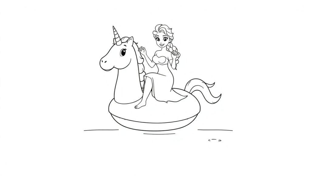 Kleurplaat van een lachende vrouw met lang haar in een vlecht, zittend op een opblaasbare eenhoorn op het water.