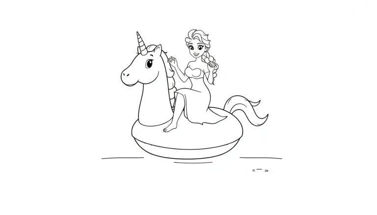 Kleurplaat van een lachende vrouw met lang haar in een vlecht, zittend op een opblaasbare eenhoorn op het water.