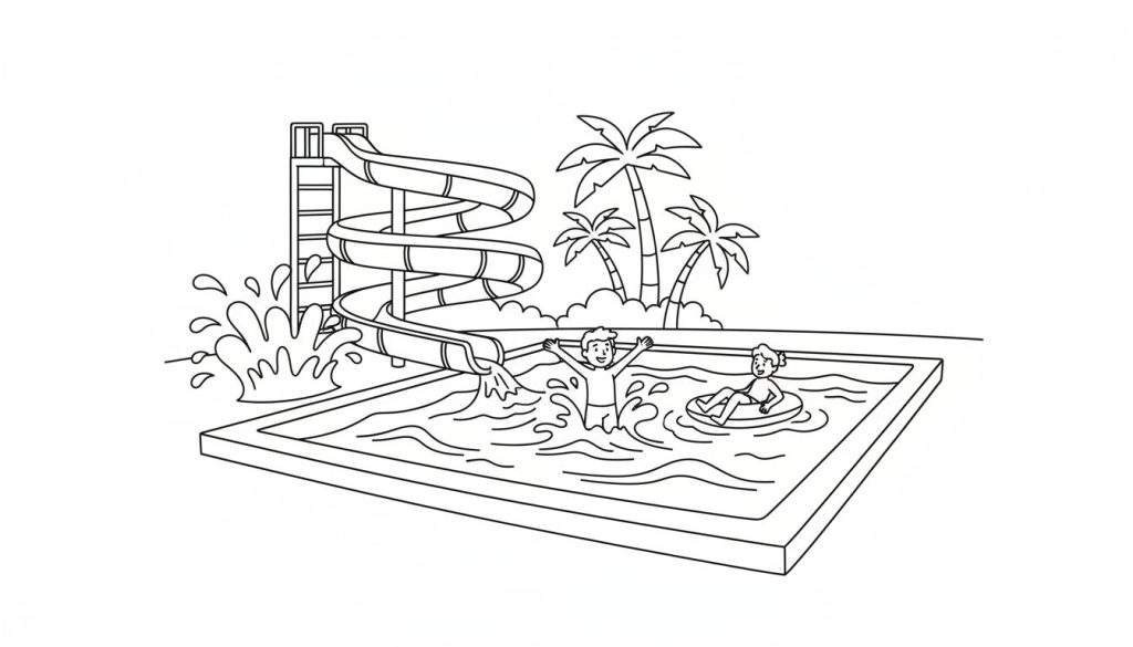 Zwart-wit lijntekening van een waterglijbaan en zwembad met kinderen die spetteren en ontspannen.