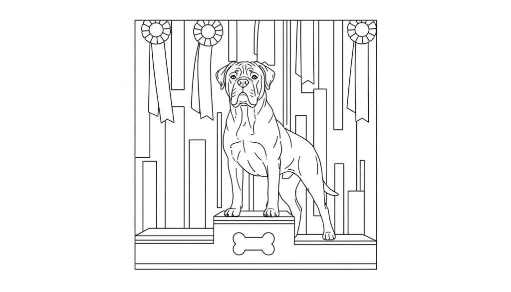 Zwart-wit lijntekening van een grote, gespierde hond op het hoogste trede van een erepodium, met linten en rozetten op de achtergrond.
