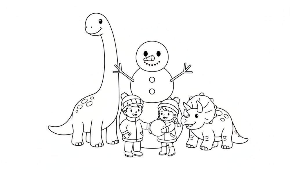 Kleurplaat met een langnekdinosaurus, een sneeuwpop, een jongen en een meisje die elkaars hand vasthouden, en een Triceratops, allemaal genietend van een winterse dag.
