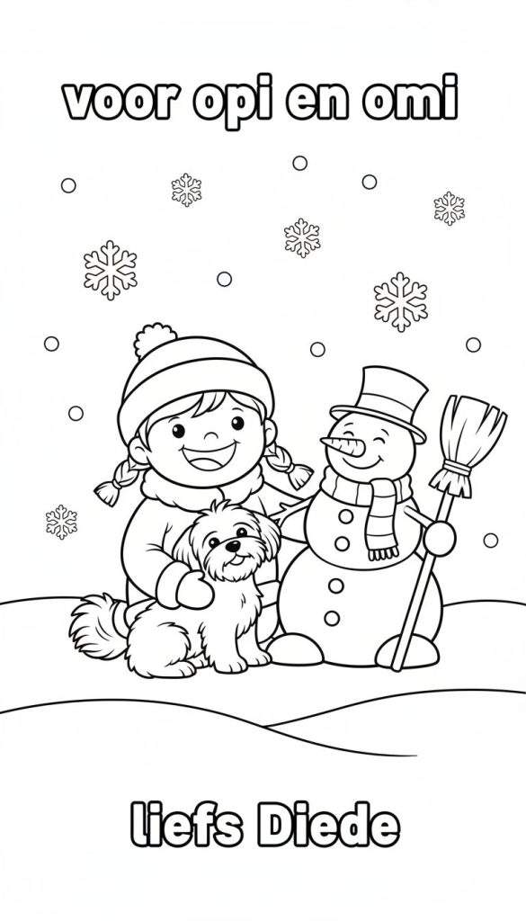Kleurplaat van een meisje met vlechten, een hondje en een sneeuwpop in een winterlandschap, met de tekst 'voor opi en omi' en 'liefs Diede'.