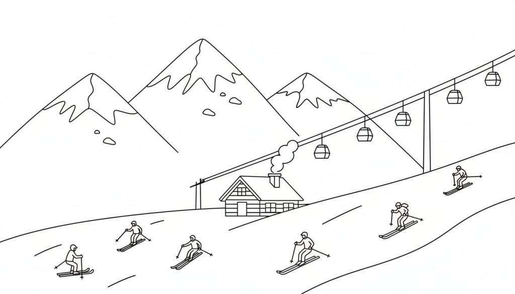 Zwart-wit kleurplaat van een winters berglandschap met bergen, een skihut, skilift met gondels, skiërs op een skipiste en ski-sporen.