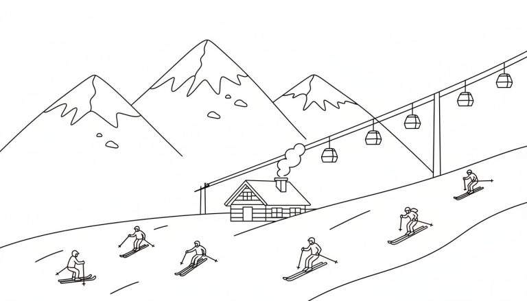 Zwart-wit kleurplaat van een winters berglandschap met bergen, een skihut, skilift met gondels, skiërs op een skipiste en ski-sporen.