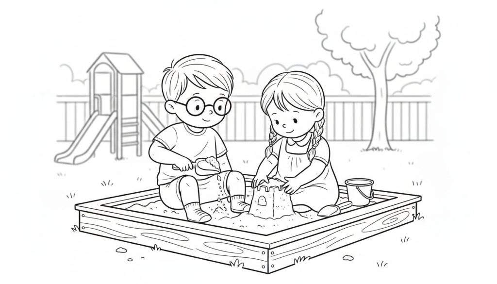 Zwart-wit kleurplaat van een jongen met bril en een meisje met vlechten die samen in een zandbak spelen en lachen.
