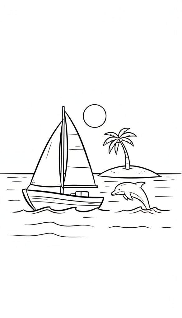 Kleurplaat van een zeegezicht met een zeilboot op het water, een dolfijn die uit het water springt, een eilandje met een palmboom en een cirkel die de zon of maan voorstelt.