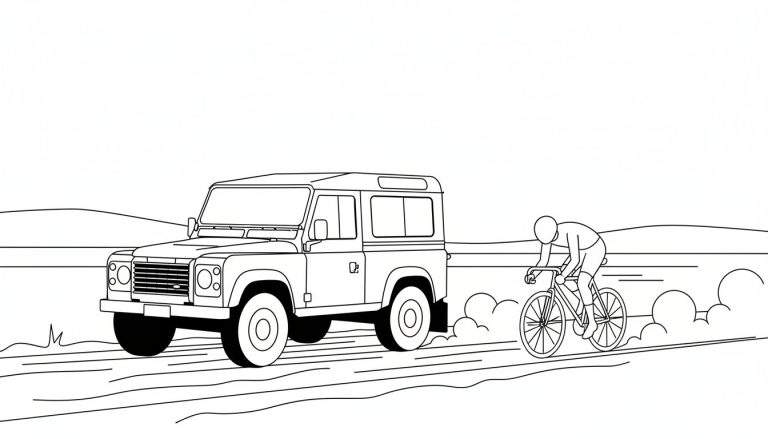 Zwart-wit kleurplaat van een Land Rover Defender en een racefietser die samen over een stoffige zandweg rijden, met glooiende heuvels op de achtergrond.