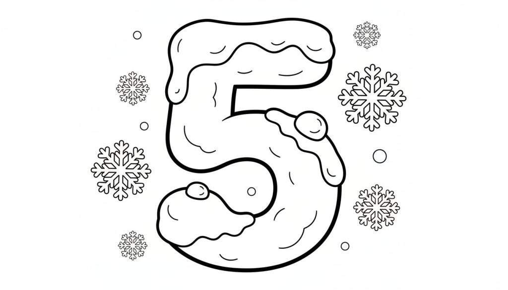 Kleurplaat van een dik omrand cijfer 5 bedekt met sneeuw, omringd door sneeuwvlokken en kleine cirkels.