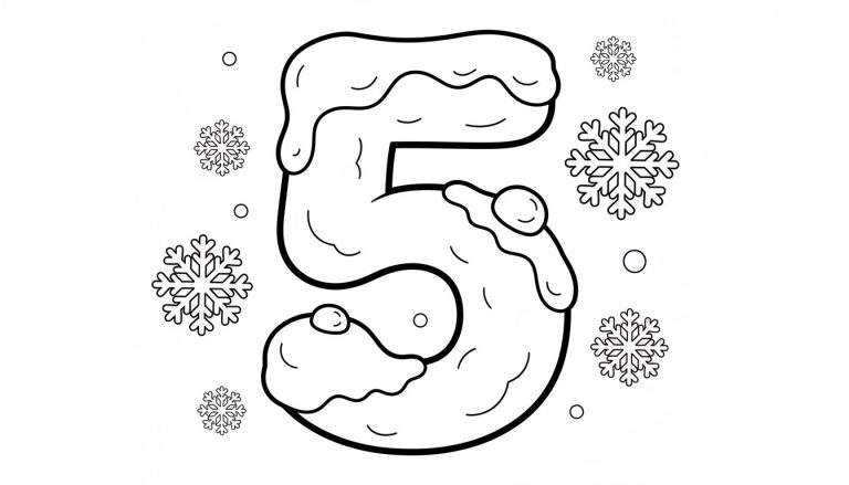 Kleurplaat van een dik omrand cijfer 5 bedekt met sneeuw, omringd door sneeuwvlokken en kleine cirkels.