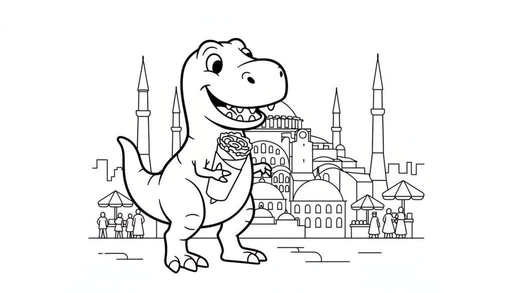 Zwart-wit lijntekening van een vrolijke T-Rex dinosaurus met een snack, staand voor een Istanbul-achtig stadsgezicht met markt. Kleurplaat.
