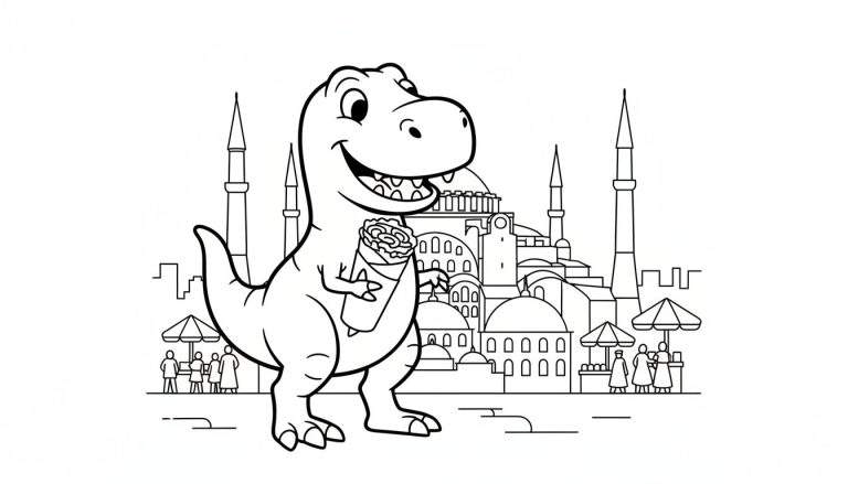 Zwart-wit lijntekening van een vrolijke T-Rex dinosaurus met een snack, staand voor een Istanbul-achtig stadsgezicht met markt. Kleurplaat.