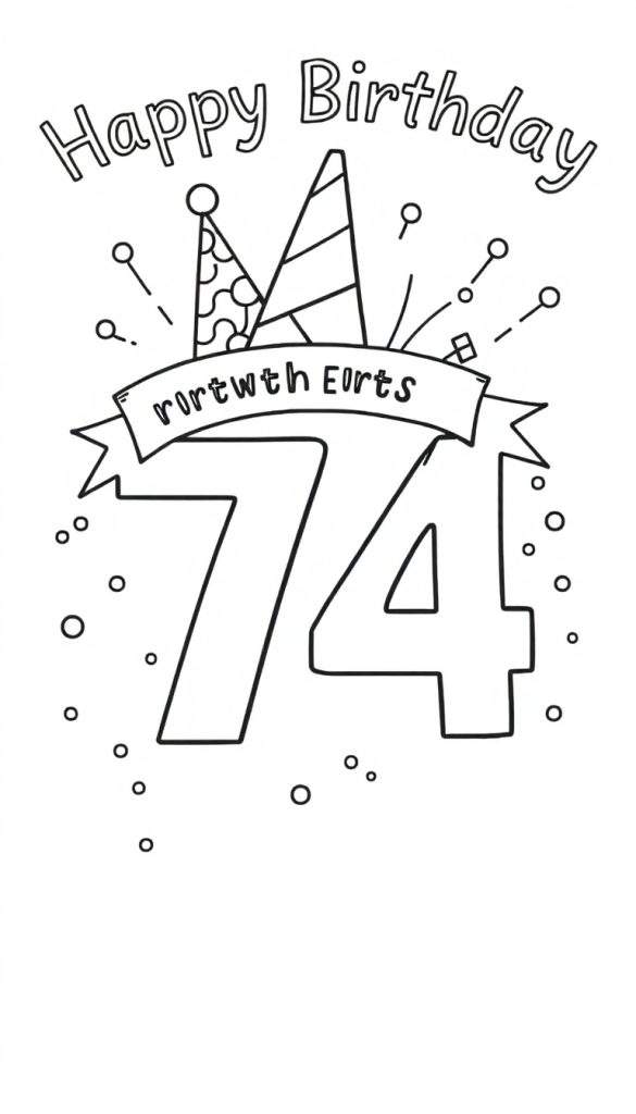 Zwart-wit kleurplaat met de tekst 'Happy Birthday', twee feestmutsen, confetti, de cijfers '74' en een onleesbare banner.
