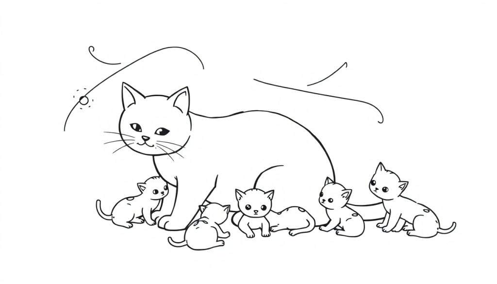 Zwart-wit tekening van een moederkat met zes kittens, zittend en liggend, met een speels bolletje wol in de achtergrond. Geschikt als kleurplaat.