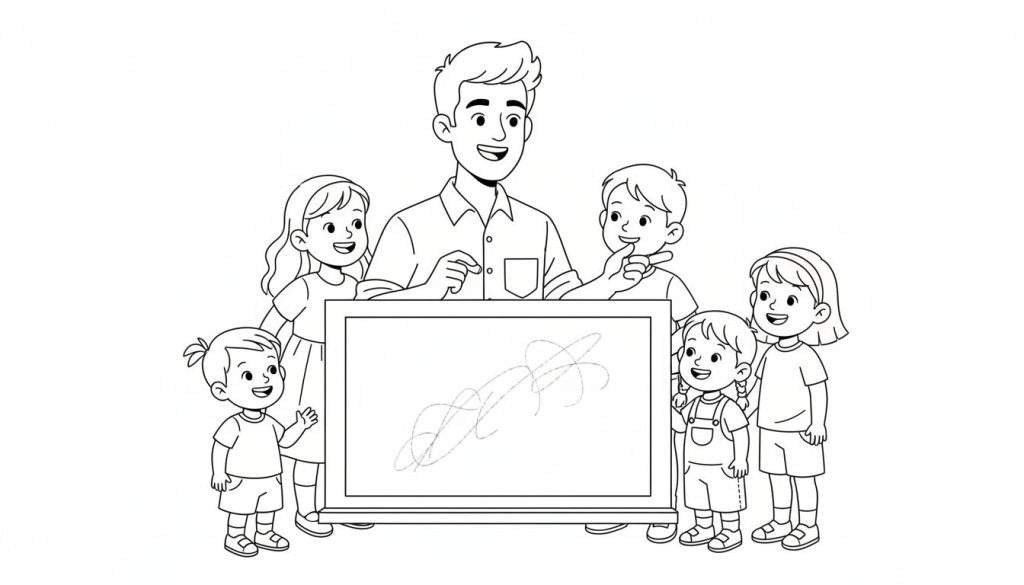 Kleurplaat van een lachende man in een overhemd die met zijn rechterhand naar een schoolbord wijst, omringd door vijf blije kinderen.