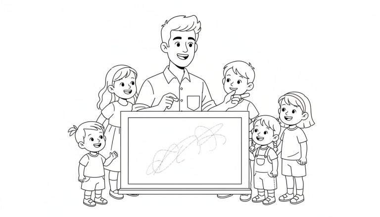 Kleurplaat van een lachende man in een overhemd die met zijn rechterhand naar een schoolbord wijst, omringd door vijf blije kinderen.