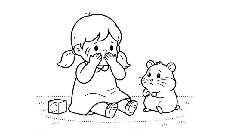 Zwart-wit lijntekening van een klein meisje met vlechtjes die op de grond zit met haar handen voor haar mond en neus, kijkend met grote ogen. Naast haar zit een kleine hamster rechtop. Er is ook een blokje met een cirkelpatroon. De figuren bevinden zich in een afgebakend gebied.