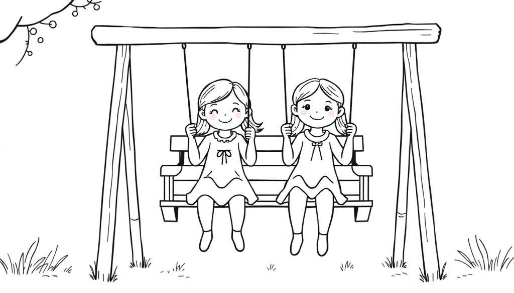 Kleurplaat van twee lachende jonge meisjes die op houten schommels zitten, met een boomtak op de achtergrond.