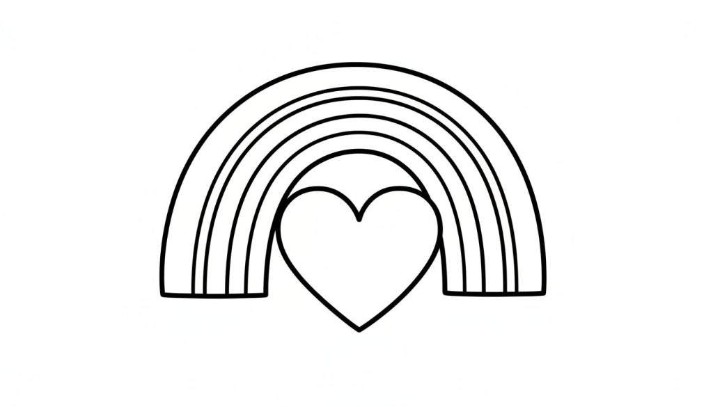 Een eenvoudige zwart-wit kleurplaat met een halve regenboog bestaande uit vier dikke parallelle lijnen, met daaronder een hartvormige omtrek.