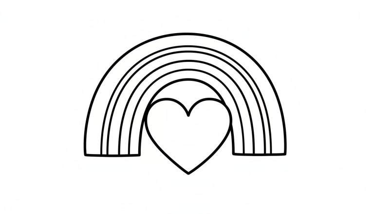 Een eenvoudige zwart-wit kleurplaat met een halve regenboog bestaande uit vier dikke parallelle lijnen, met daaronder een hartvormige omtrek.