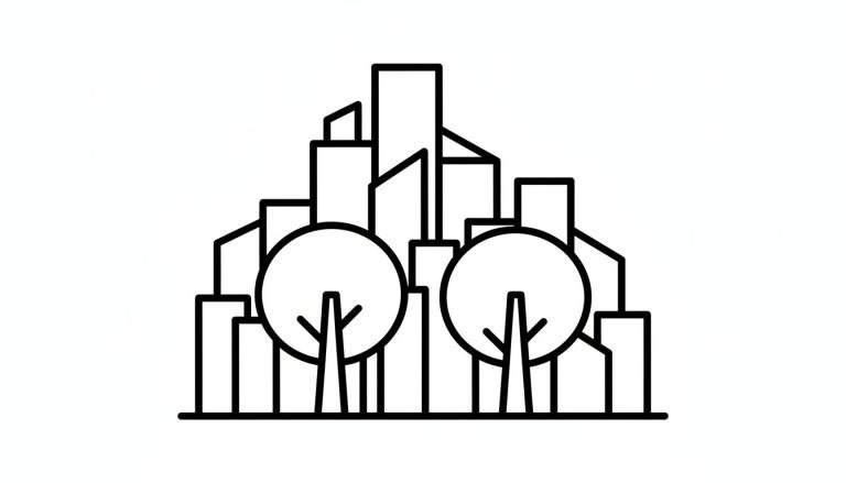 Zwart-wit lijntekening van een stadssilhouet met twee gestileerde bomen op de voorgrond.