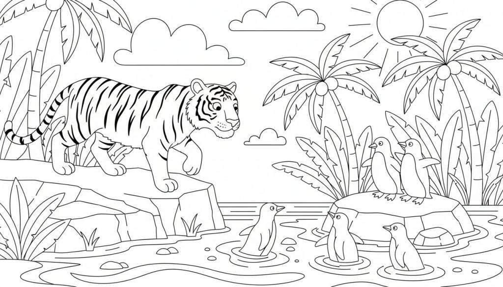Zwart-wit lijntekening van een kleurplaat met een tijger die op rotsen loopt en zes pinguïns in tropisch water, omringd door palmbomen, bladeren, zon en wolken.