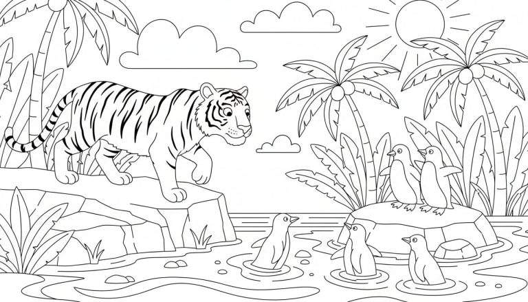 Zwart-wit lijntekening van een kleurplaat met een tijger die op rotsen loopt en zes pinguïns in tropisch water, omringd door palmbomen, bladeren, zon en wolken.