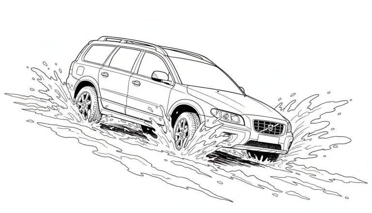 Lijntekening van een Volvo stationwagon die met opspattend water door een plas rijdt.