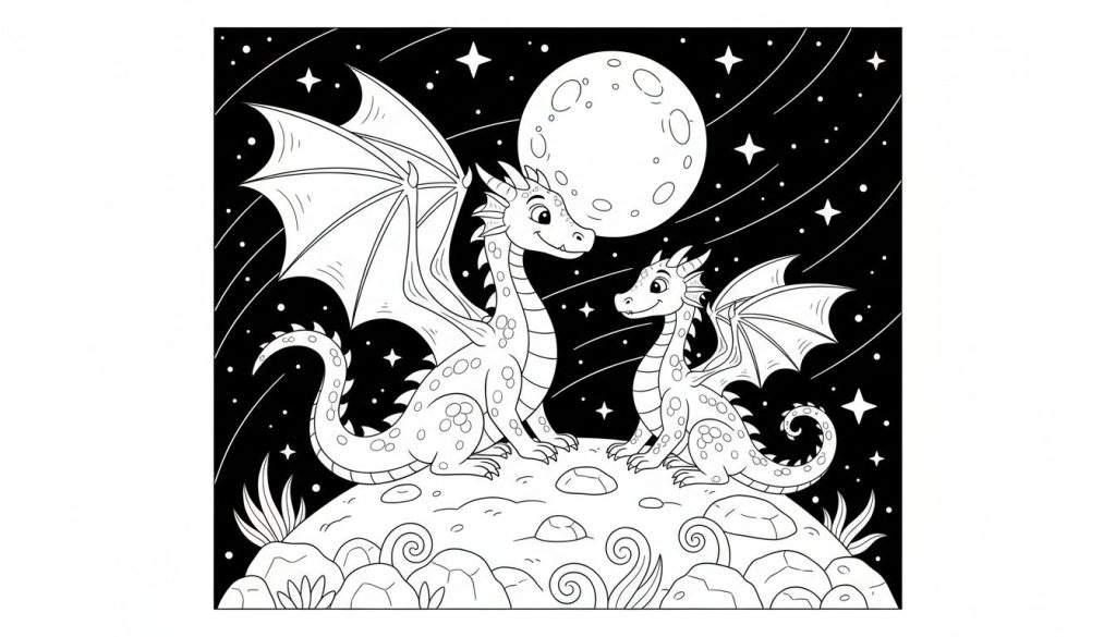 Zwart-wit kleurplaat van twee draken die elkaar aankijken onder een sterrenhemel met een volle maan. De grote draak zit links, de kleinere rechts, beiden met uitgestrekte vleugels en vriendelijke gezichten.