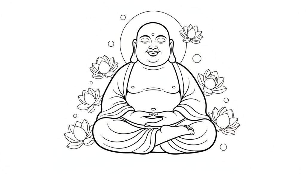 Zwart-wit lijntekening van de Lachende Boeddha, zittend in lotushouding met gesloten ogen en een glimlach, omringd door lotusbloemen en een aureool.