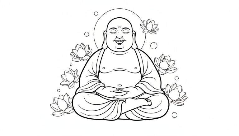 Zwart-wit lijntekening van de Lachende Boeddha, zittend in lotushouding met gesloten ogen en een glimlach, omringd door lotusbloemen en een aureool.