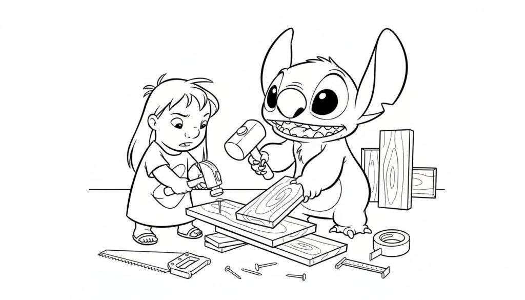 Kleurplaat van Lilo en Stitch die samen timmeren. Stitch slaat met een hamer op een spijker, Lilo doet hetzelfde met een geconcentreerde blik. Rondom liggen houten planken, spijkers, een zaag, plakband en een meetlint.