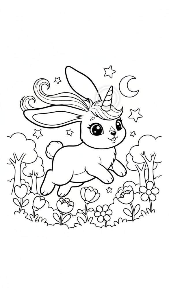 Zwart-wit lijntekening van een cartoonachtig konijntje met een eenhoornhoorn en golvende manen, springend door de lucht boven bloemen, bomen, sterren en een maansikkel.