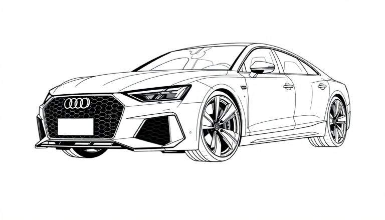 Lijntekening van een moderne, sportieve Audi vanuit een driekwart vooraanzicht, klaar om ingekleurd te worden. De auto heeft een gedetailleerde honingraatgrille met het Audi-logo, scherpe koplampen en een sportieve velgen.