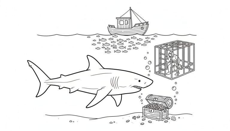 Kleurplaat van een onderwaterscène met een vissersboot, school visjes, haai, duiker in kooi, en een schatkist vol goud.