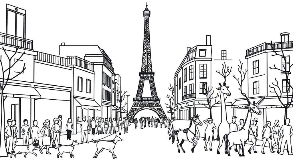 Zwart-wit lijntekening van een Parijse straat met de Eiffeltoren op de achtergrond, mensen, honden, paarden en giraffen.
