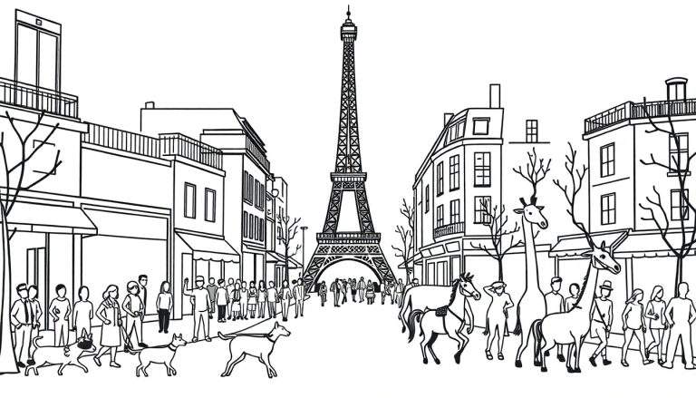 Zwart-wit lijntekening van een Parijse straat met de Eiffeltoren op de achtergrond, mensen, honden, paarden en giraffen.