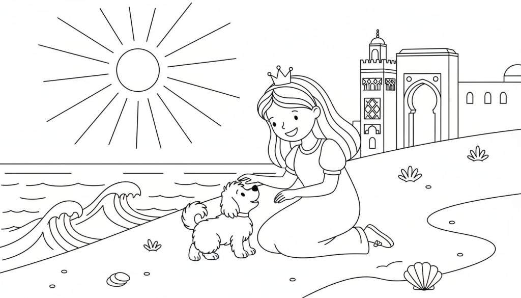 Kleurplaat van een prinses die een hondje aait op het strand bij een paleis onder een stralende zon.