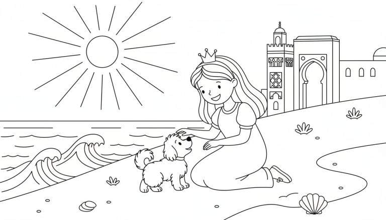 Kleurplaat van een prinses die een hondje aait op het strand bij een paleis onder een stralende zon.