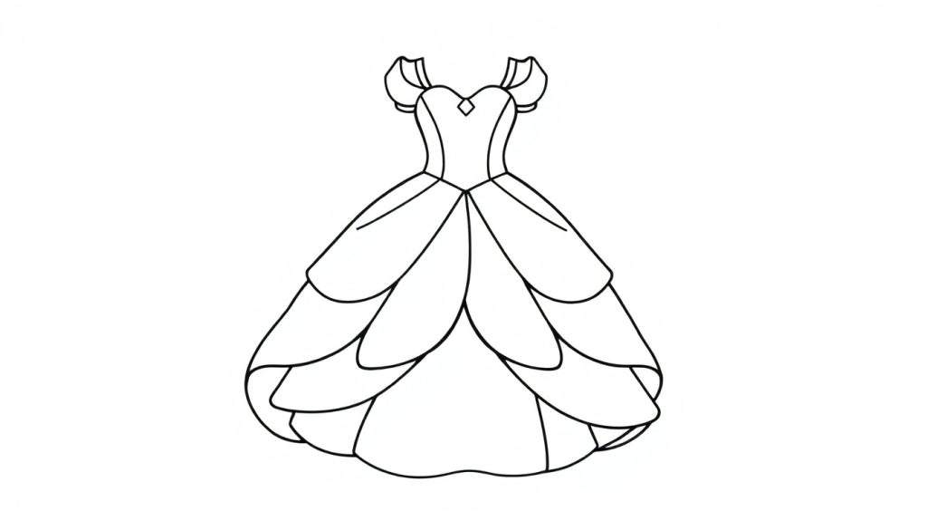 Kleurplaat van een elegante prinsessen galajurk met een hartvormige halslijn, off-shoulder mouwen en een wijd uitlopende, gelaagde rok. Lijntekening op witte achtergrond.