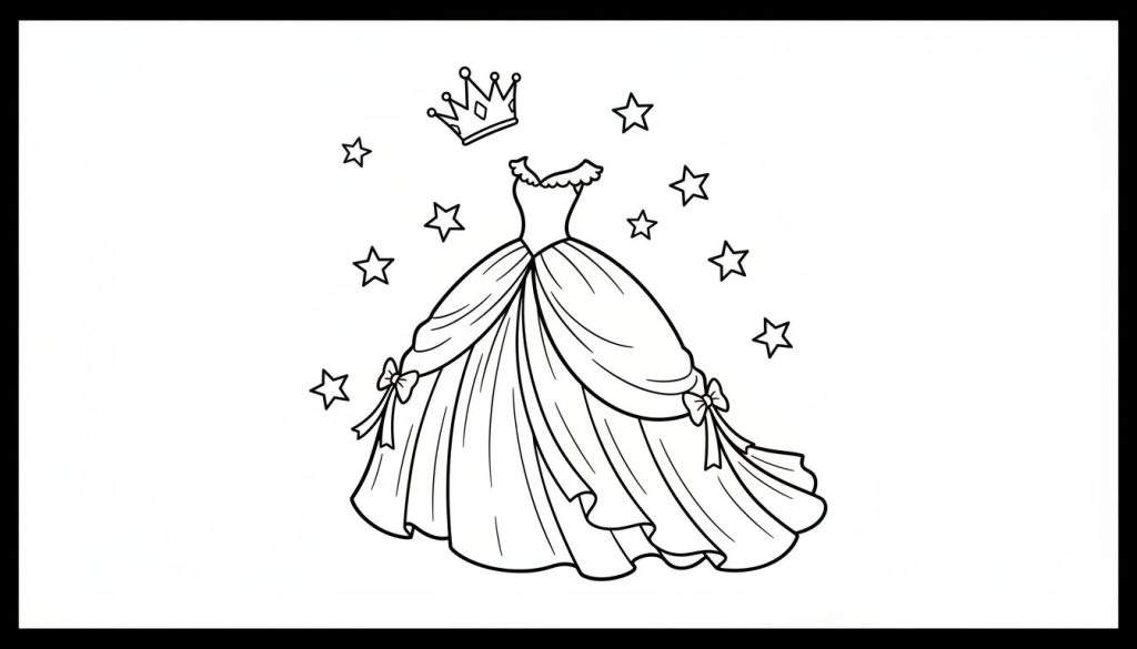 Kleurplaat van een klassieke baljurk met strikken aan de zijkant, een geschulpte halslijn, zwevende kroon met ruitvormige versieringen en verspreide sterren.